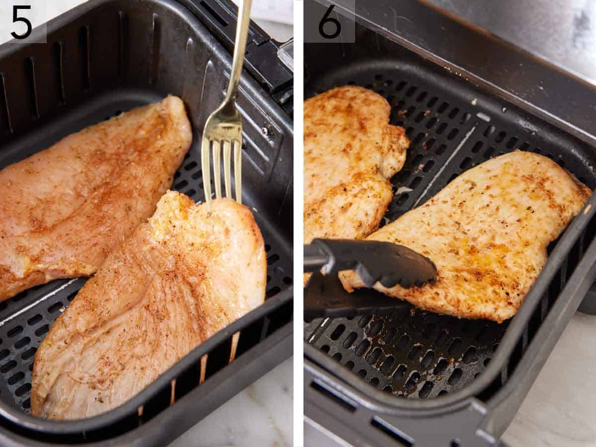 Set of two photos showing chicken added to the air fryer and then flipped.
