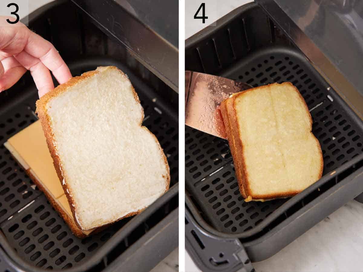 Set of two photos showing the second slice of bread placed on top of the cheese then flipped.