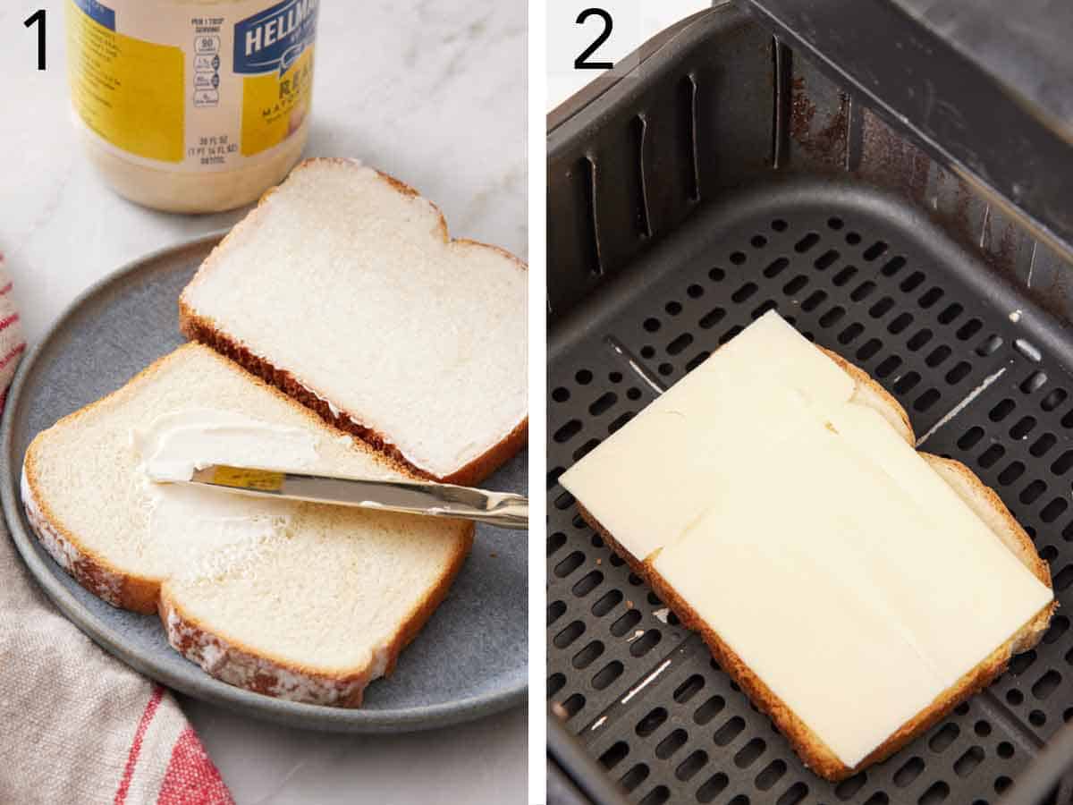 Set of two photos showing mayonnaise spread onto bread and placed in an air fryer basket with sliced cheese placed on top.