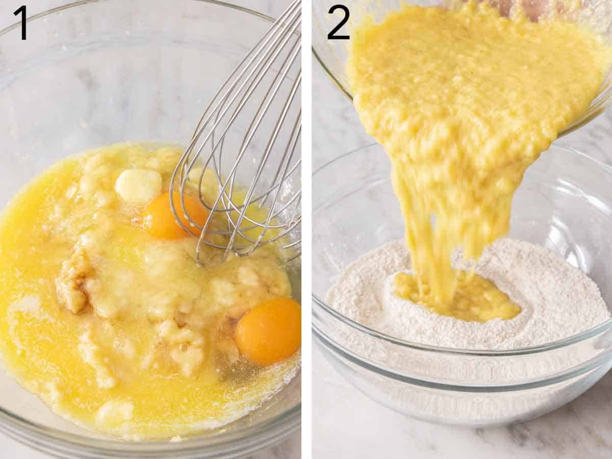 Set of two photos showing wet ingredients added to a bowl to whisk then added to dry ingredients.