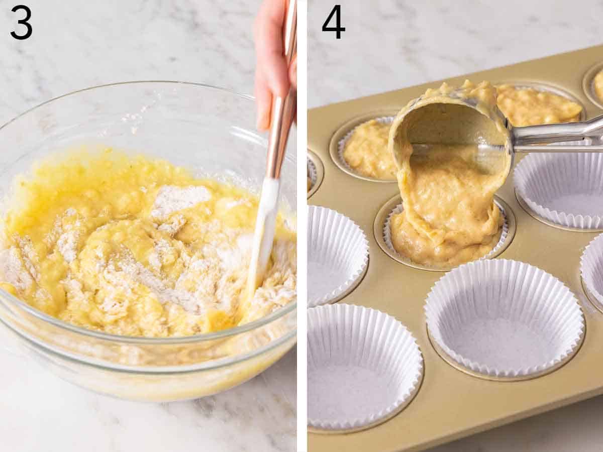 Set of two photos showing batter mixed and scooped into the baking tin.