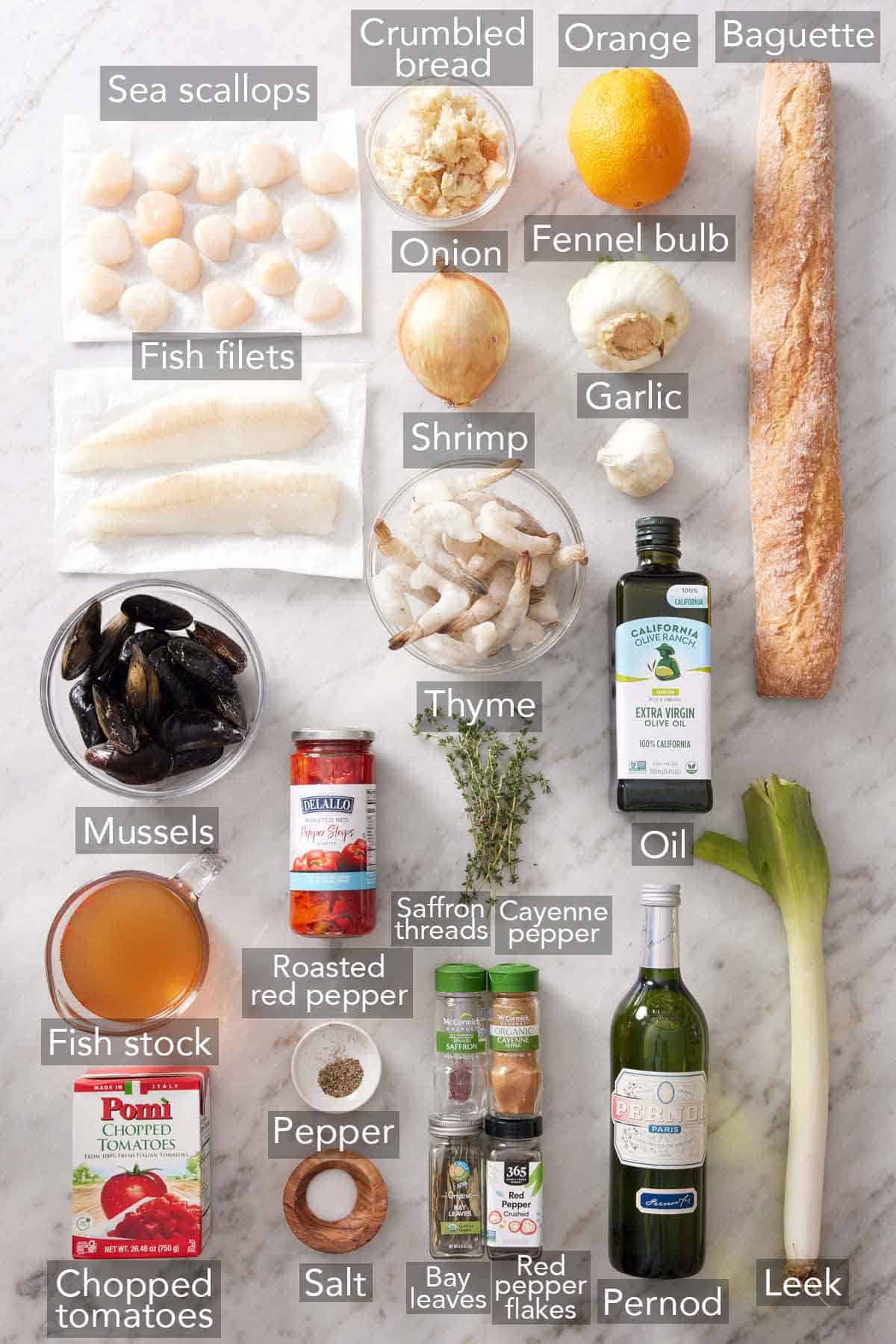 Ingredients needed to make bouillabaisse.