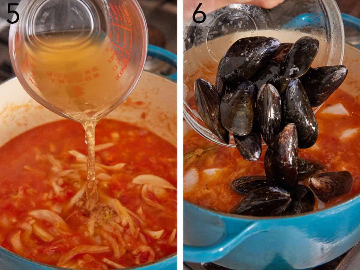 Set of two photos showing fish stock and mussels added to the pot.