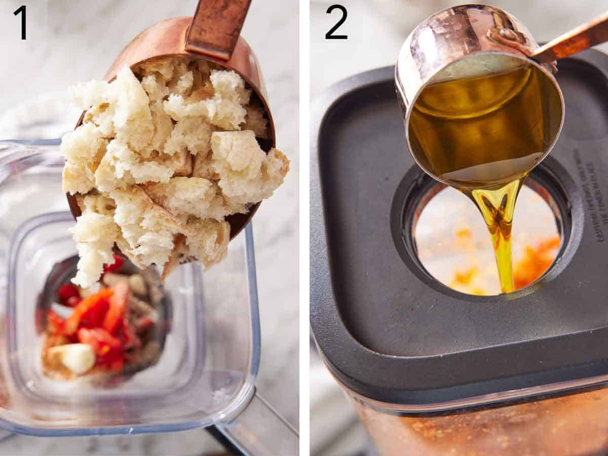Set of two photos showing bread added to a blender and oil poured into the running blender.