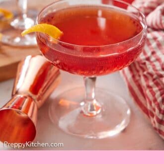 Pinterest graphic of glass of boulevardier with a jigger beside it.