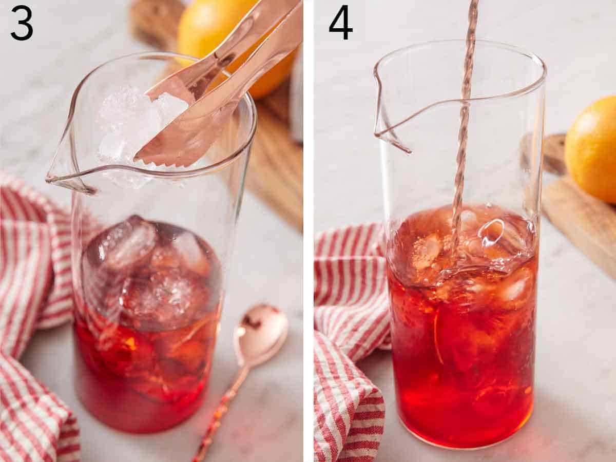 Set of two photos showing ice added to the mixing glass and stirred.