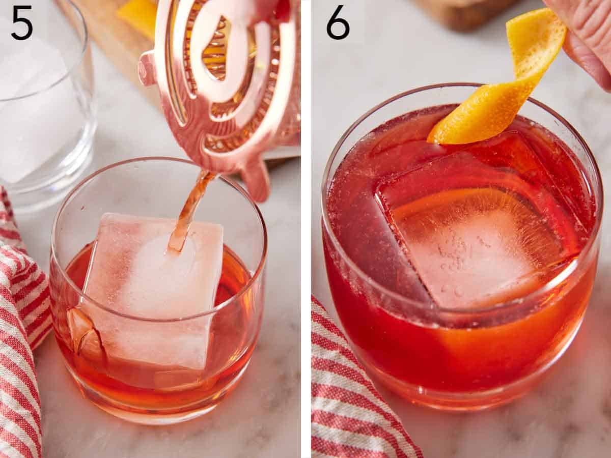 Set of two photos showing the cocktail strained into a glass with an ice cube then garnished with an orange twist.