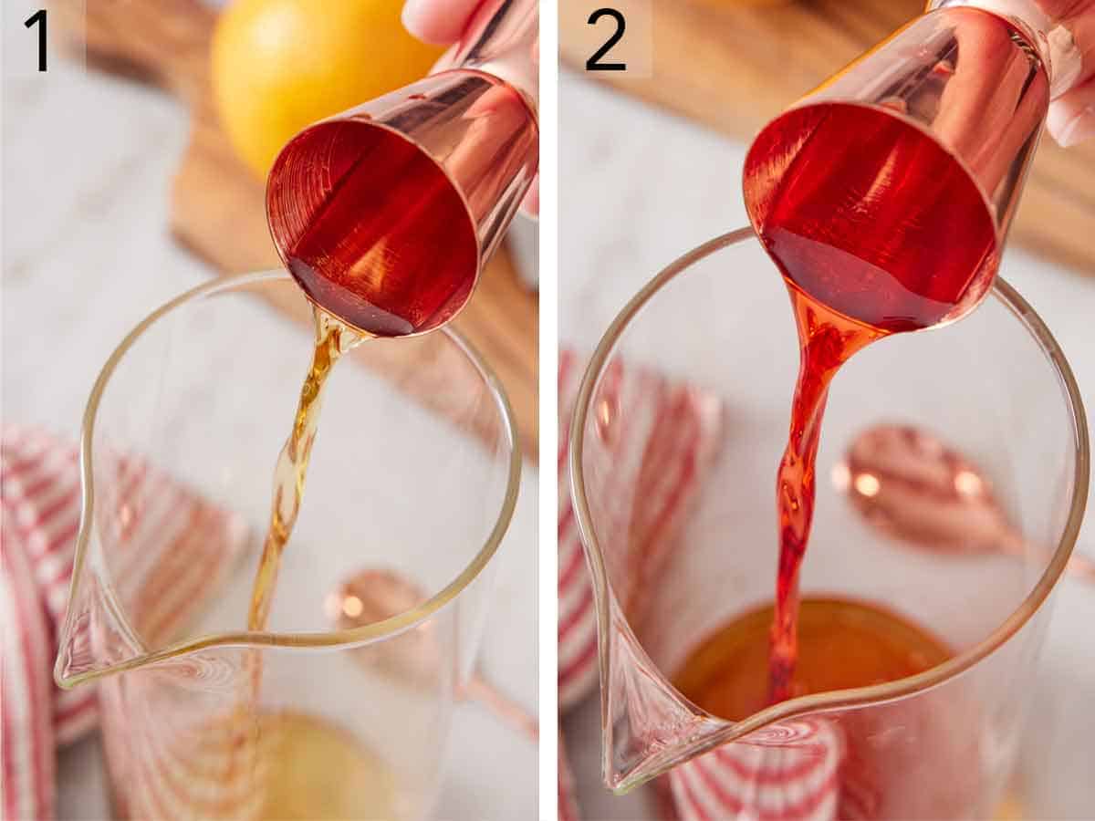 Set of two photos showing whisky and sweet vermouth added to a mixing glass.
