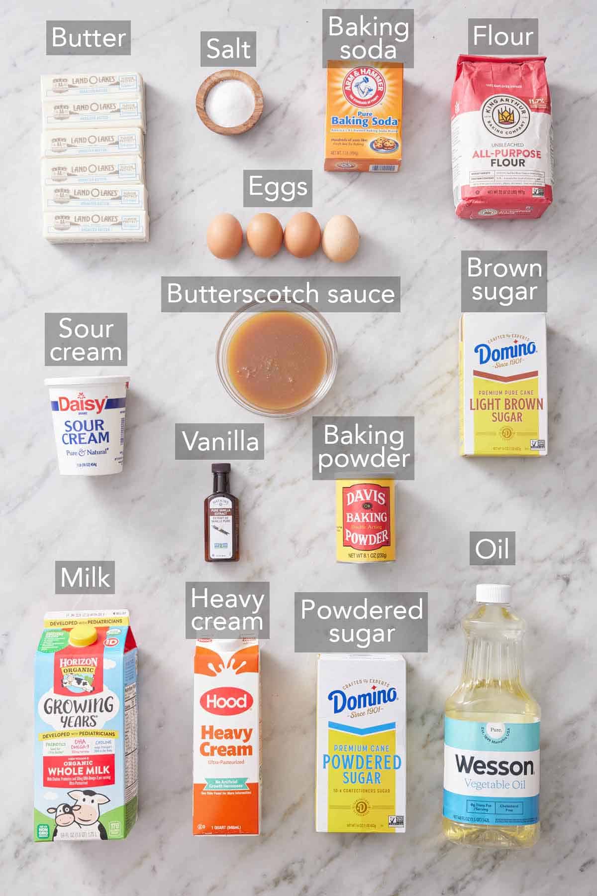 Ingredients needed to make butterscotch cake.
