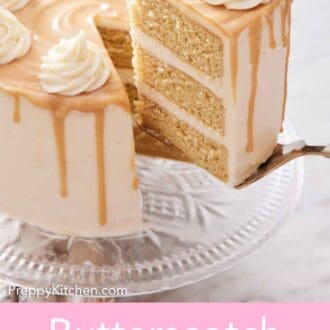 Pinterest graphic of a slice of butterscotch cake being lifted from the cake on a cake stand with a spatula.