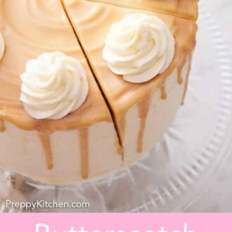 Pinterest graphic of a slightly overhead view of a butterscotch cake with a slice cut but not yet removed.