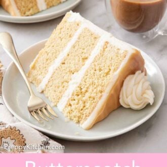 Pinterest graphic of a slice of butterscotch cake on a plate, showing the three layers with frosting inbetween.
