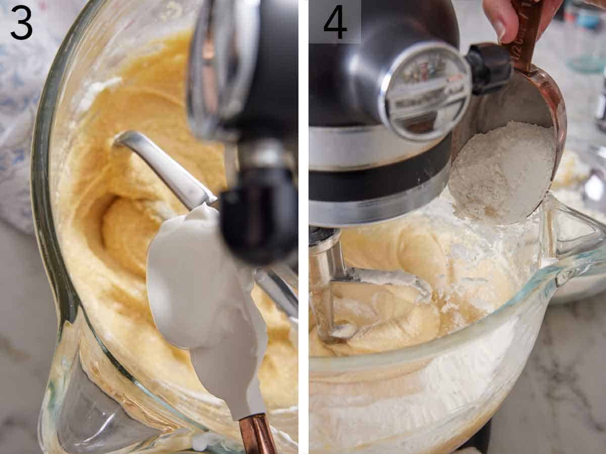 Set of two photos showing sour cream and dry ingredients added to the running mixer.