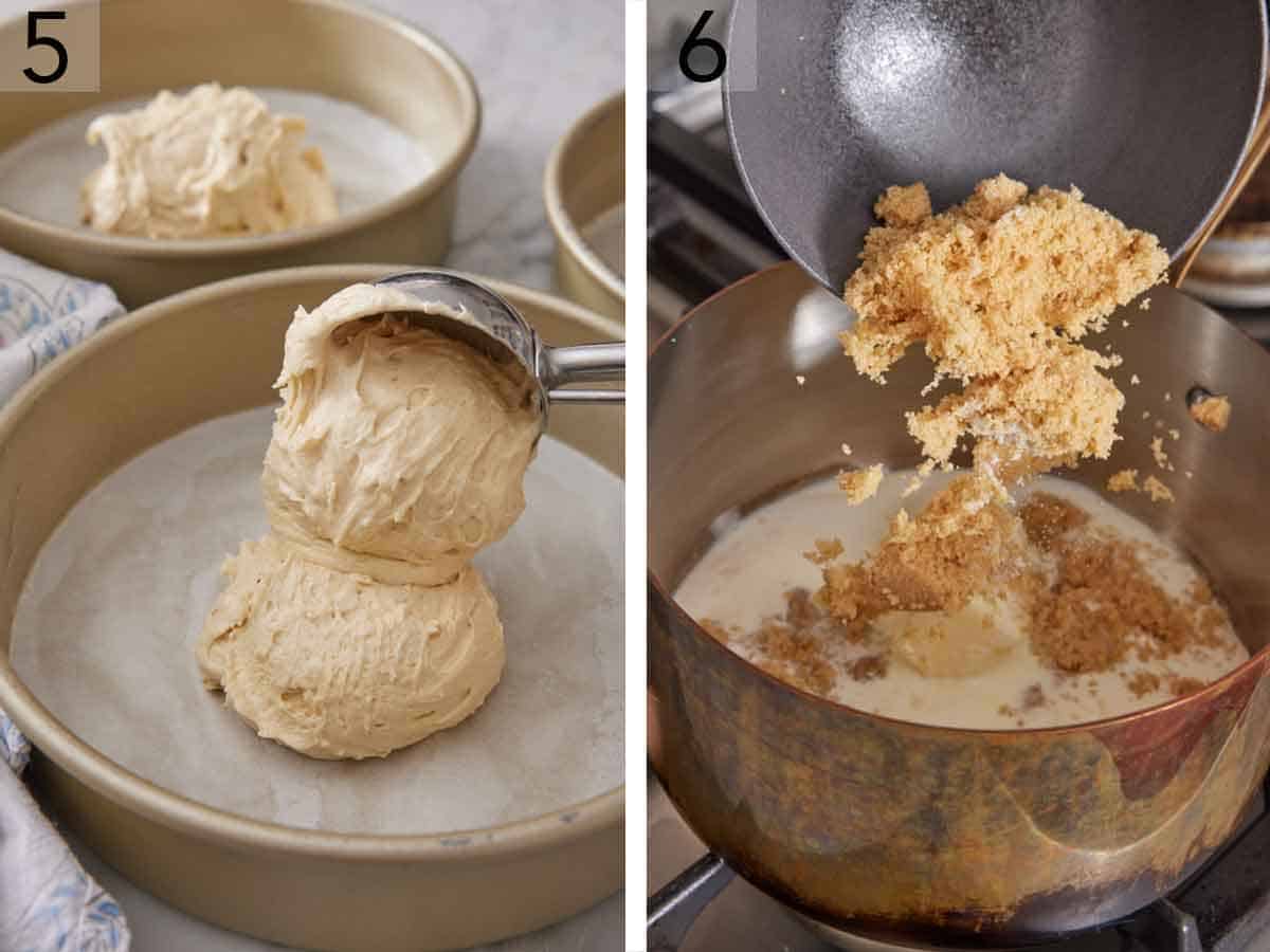 Set of two photos showing batter scooped into a baking dish and sugars added to a saucepan.