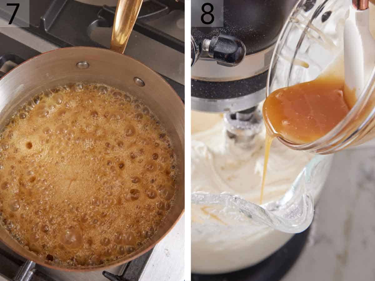 Set of two photos showing butterscotch sauce bubbling in the saucepan then added to a mixer.