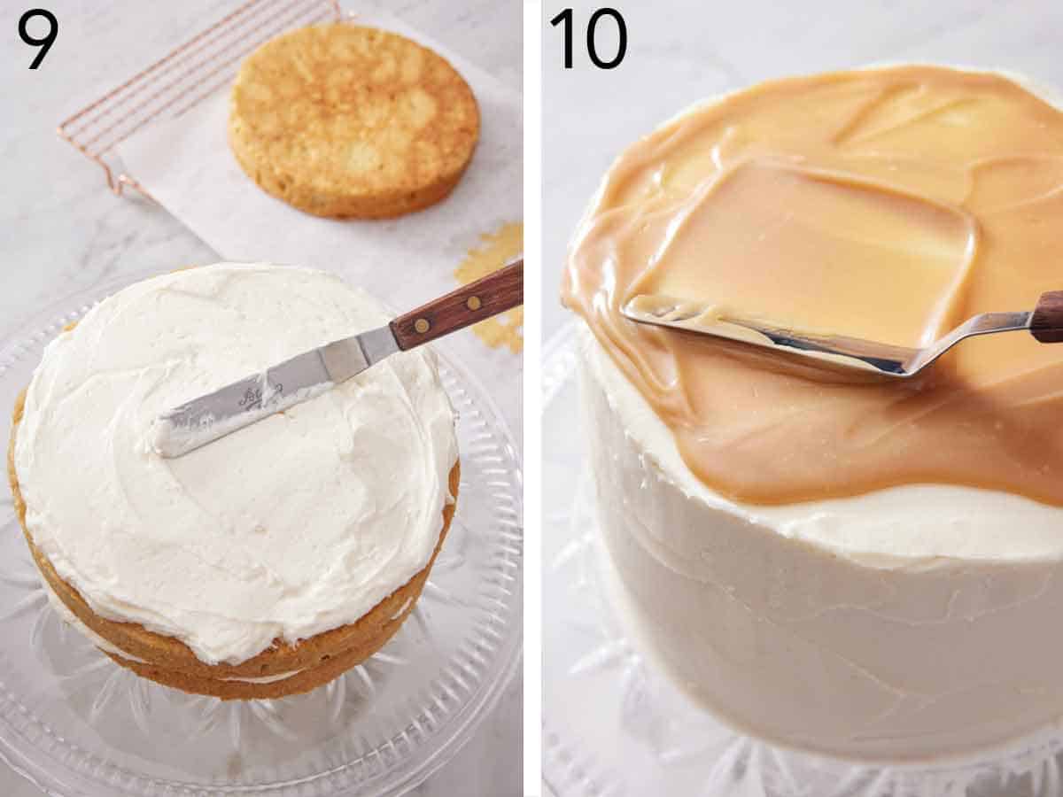 Set of two photos showing cake layers frosted and butterscotch spread on top.