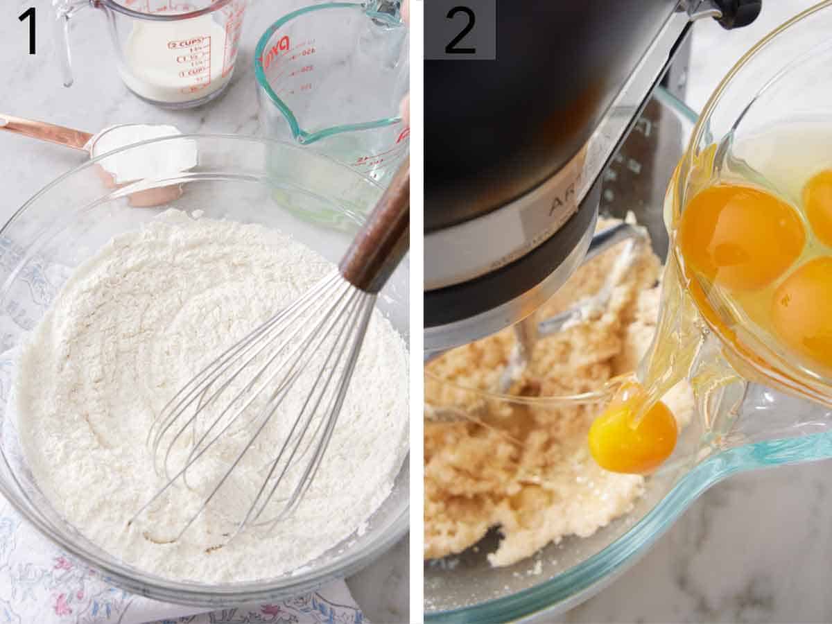 Set of two photos showing dry ingredients whisked together and eggs added to a mixer.