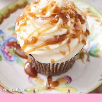 Pinterest graphic of a cupcake with drizzled butterscotch over the frosting.