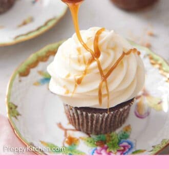 Pinterest graphic of butterscotch drizzled over frosting on a cupcake.