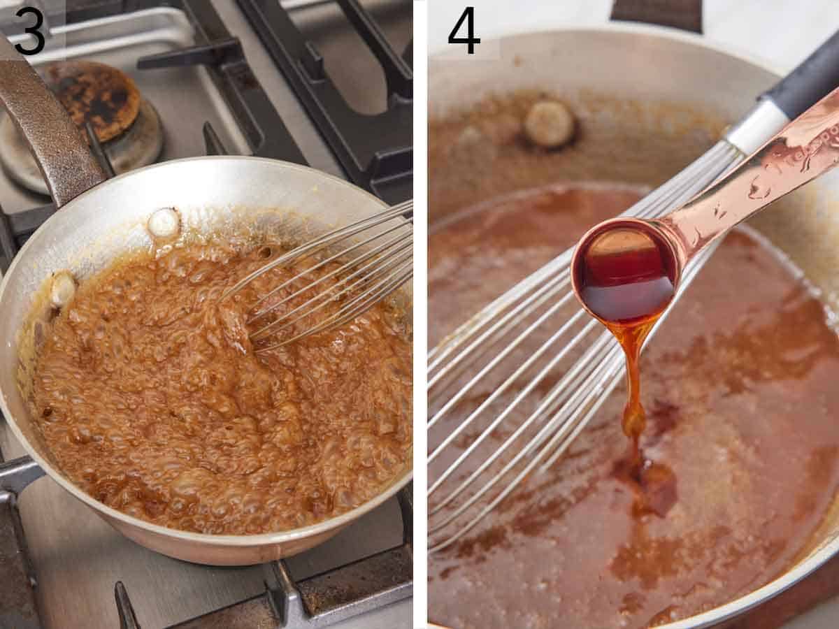 Set of two photos showing the mixer simmered and vanilla extract added.
