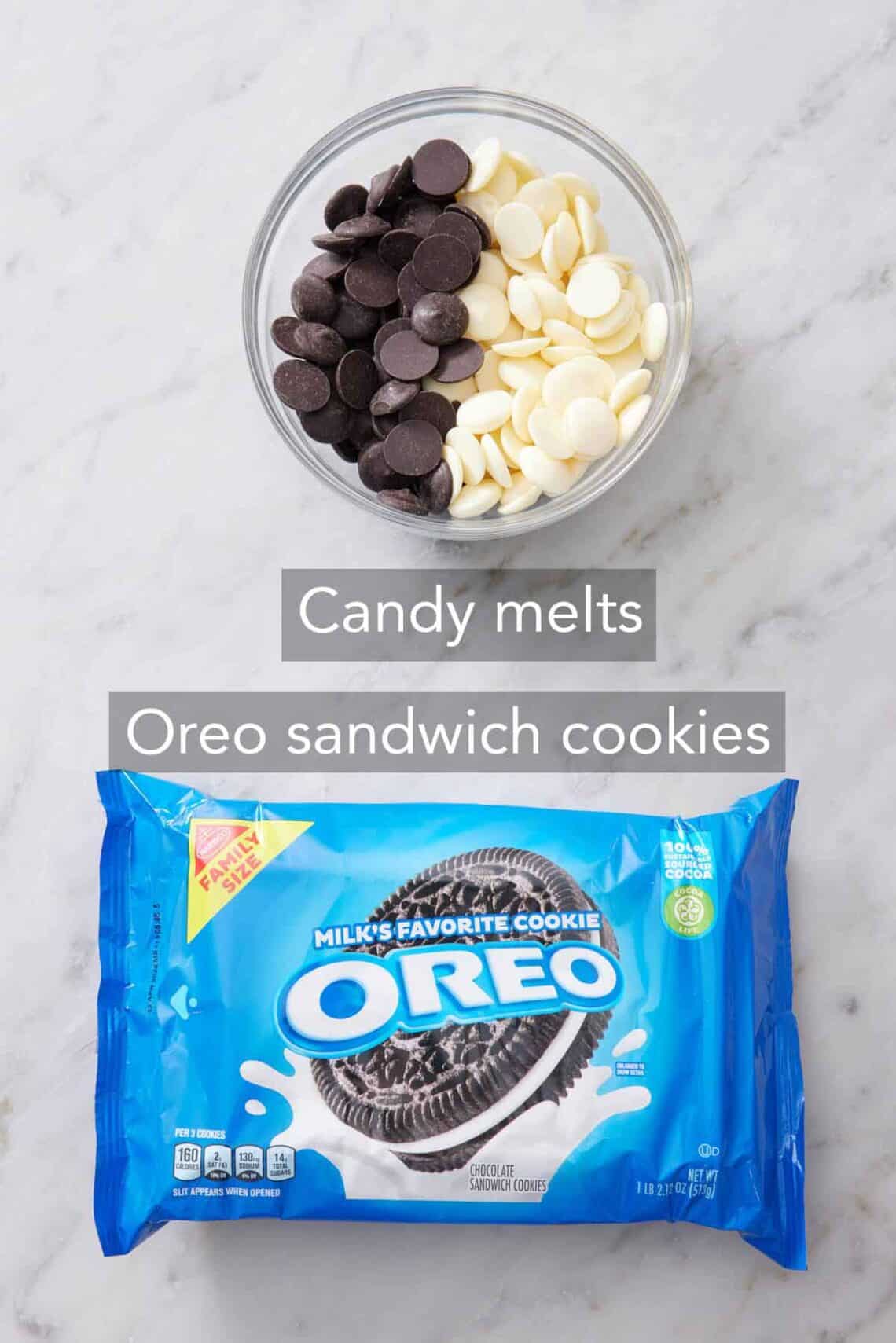 Ingredients needed to make chocolate covered oreos.