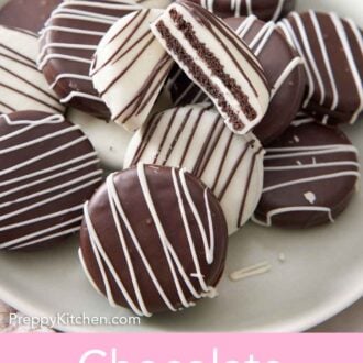 Pinterest graphic of a platter of chocolate covered oreos with one cut in half showing the interior.