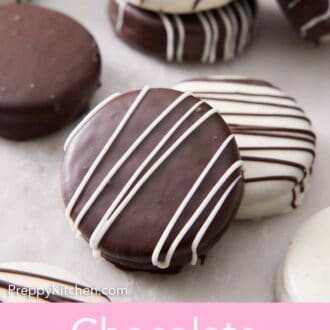 Pinterest graphic of multiple chocolate covered oreos scattered on a counter.