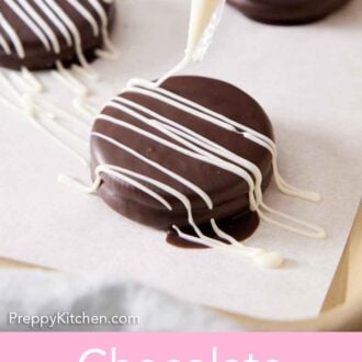 Pinterest graphic of chocolate drizzled over a chocolate covered oreo.