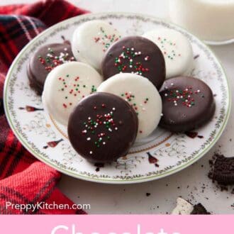 Pinterest graphic of a plate of chocolate covered oreos decorated with red, green, and white sprinkles.