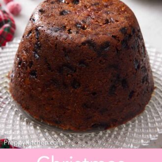 Pinterest graphic of a platter with a Christmas pudding. Stack of plates in the background.