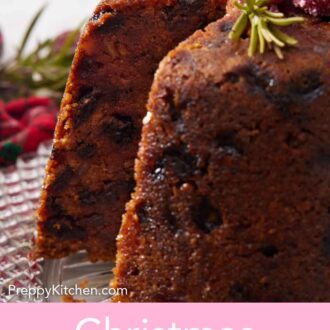 Pinterest graphic of a close up view of the interior of a sliced Christmas pudding.