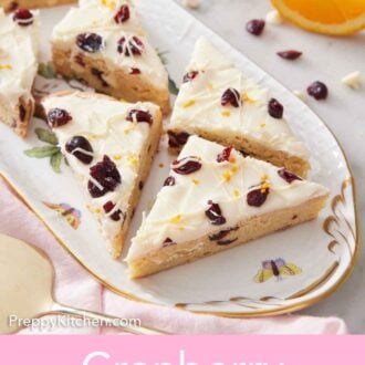 Pinterest graphic of a platter with multiple pieces of cranberry bliss bars.
