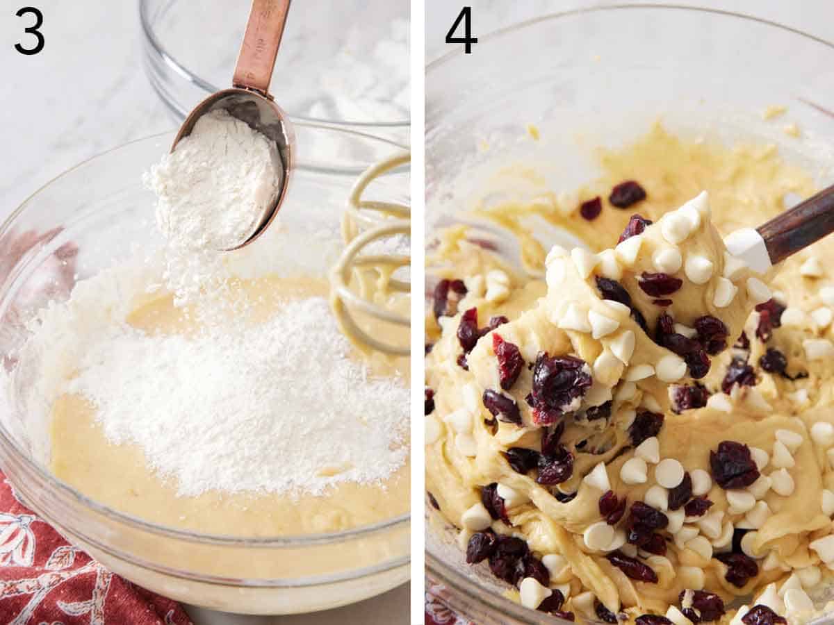 Set of two photos showing dry ingredients added to the wet ingredients and white chocolate chips and dried cranberries folded into the batter.
