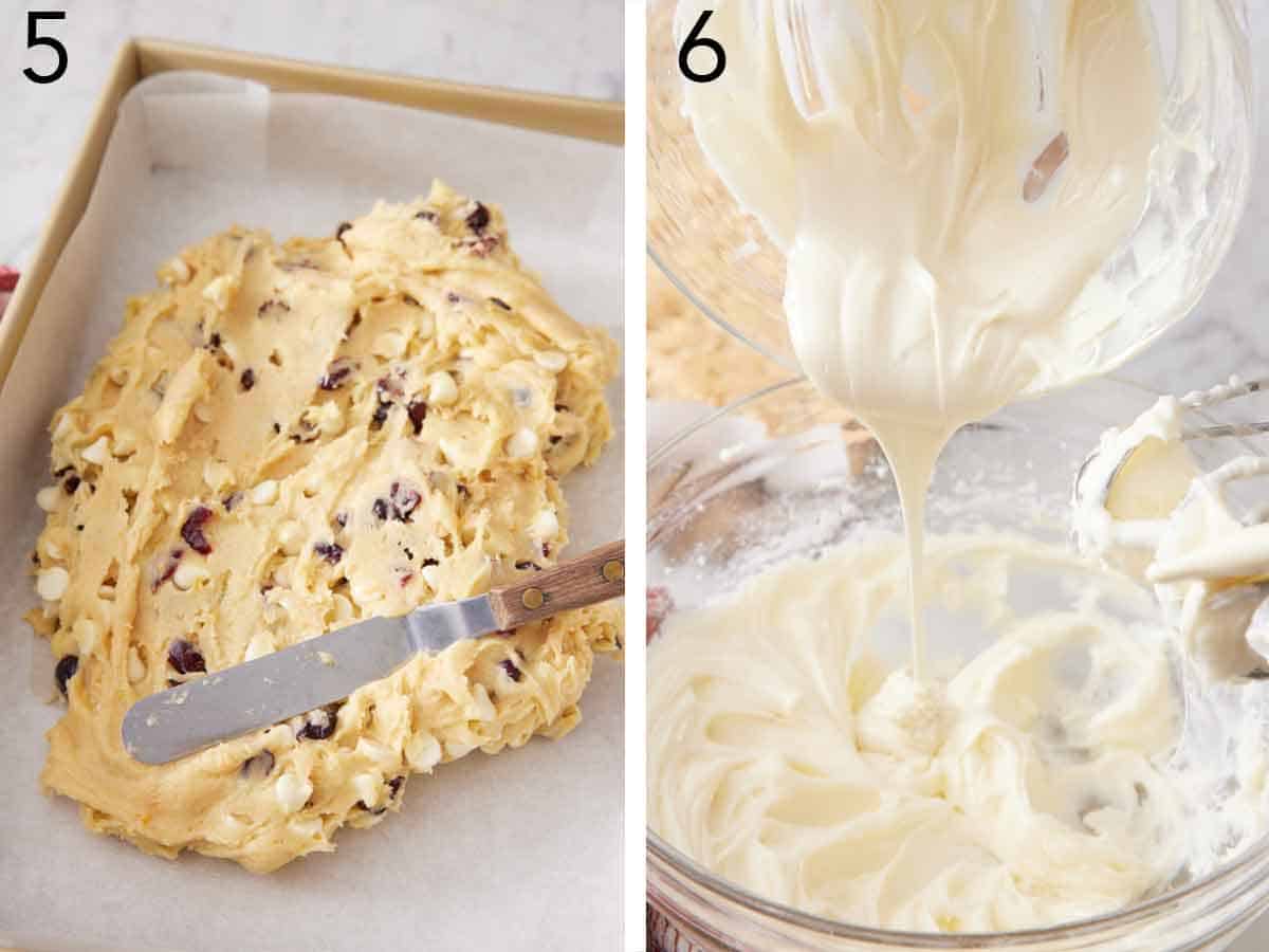 Set of two photos showing batter spread into a lined baking dish and frosting mixed in a bowl.
