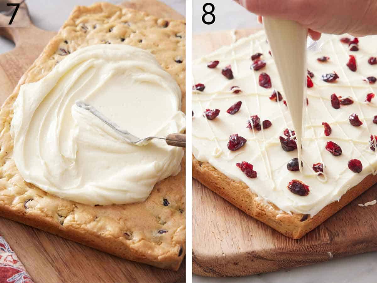 Set of two photos showing frosting spread over the uncut bars and then dried cranberries added and more frosting drizzled on top.