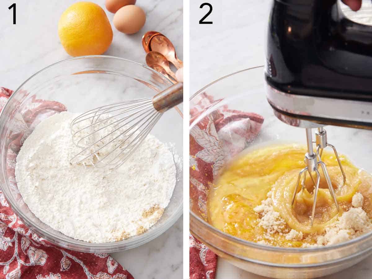 Set of two photos showing dry ingredients whisked together and then melted butter beat together with sugar.