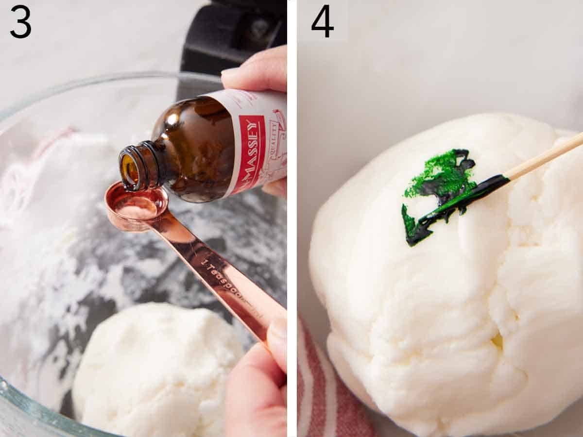 Set of two photos showing peppermint extract and food coloring added to the dough.
