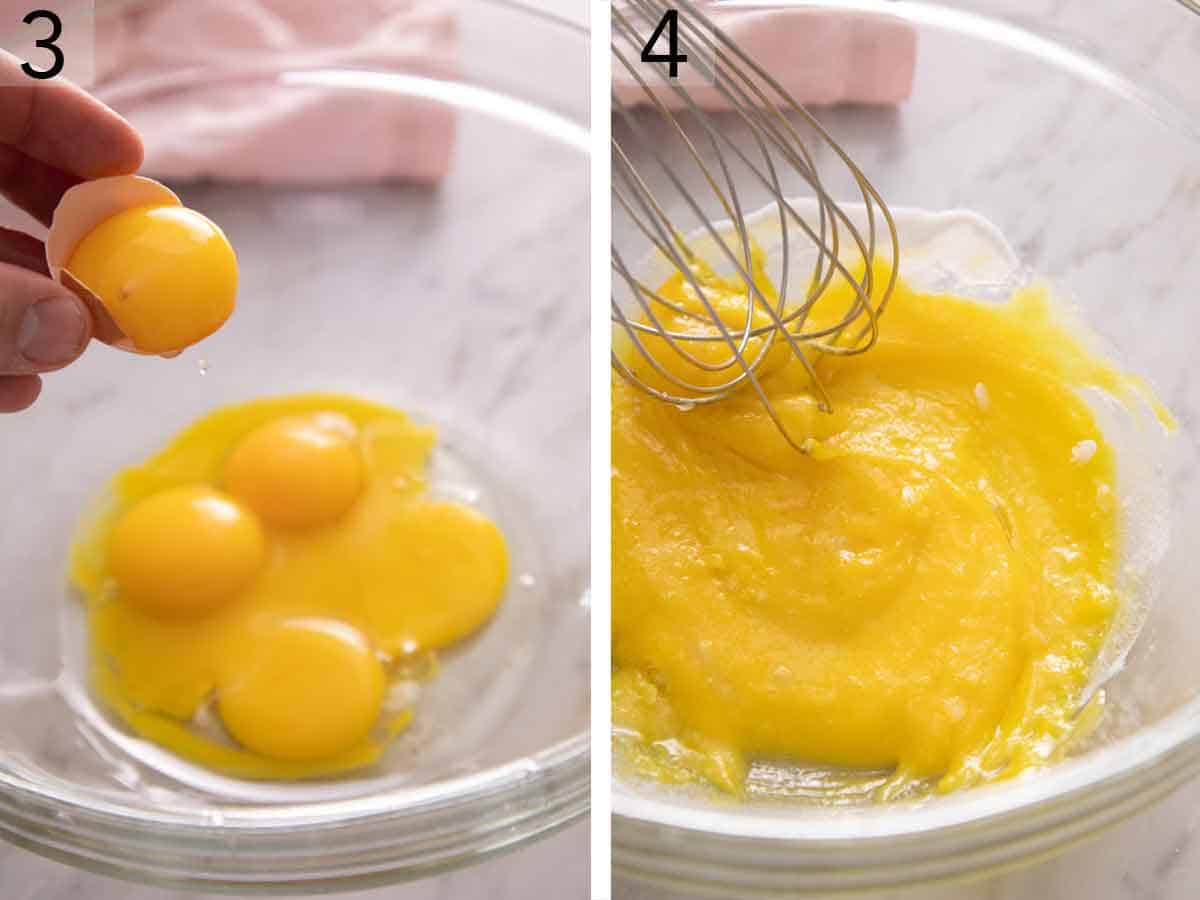 Set of two photos showing egg yolks added to a bowl and whisked.
