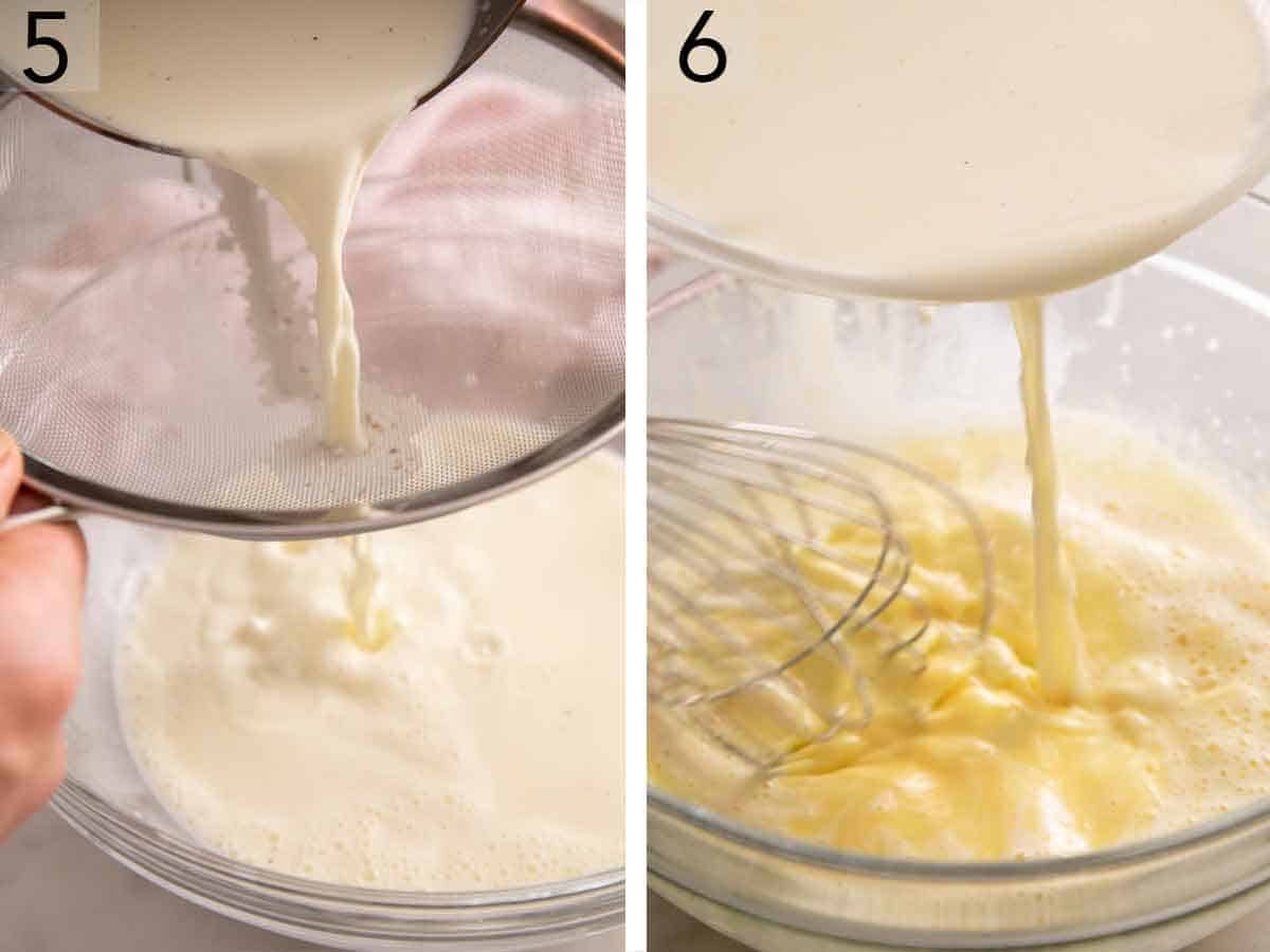Set of two photos showing cream strained and whisked into the egg yolks.