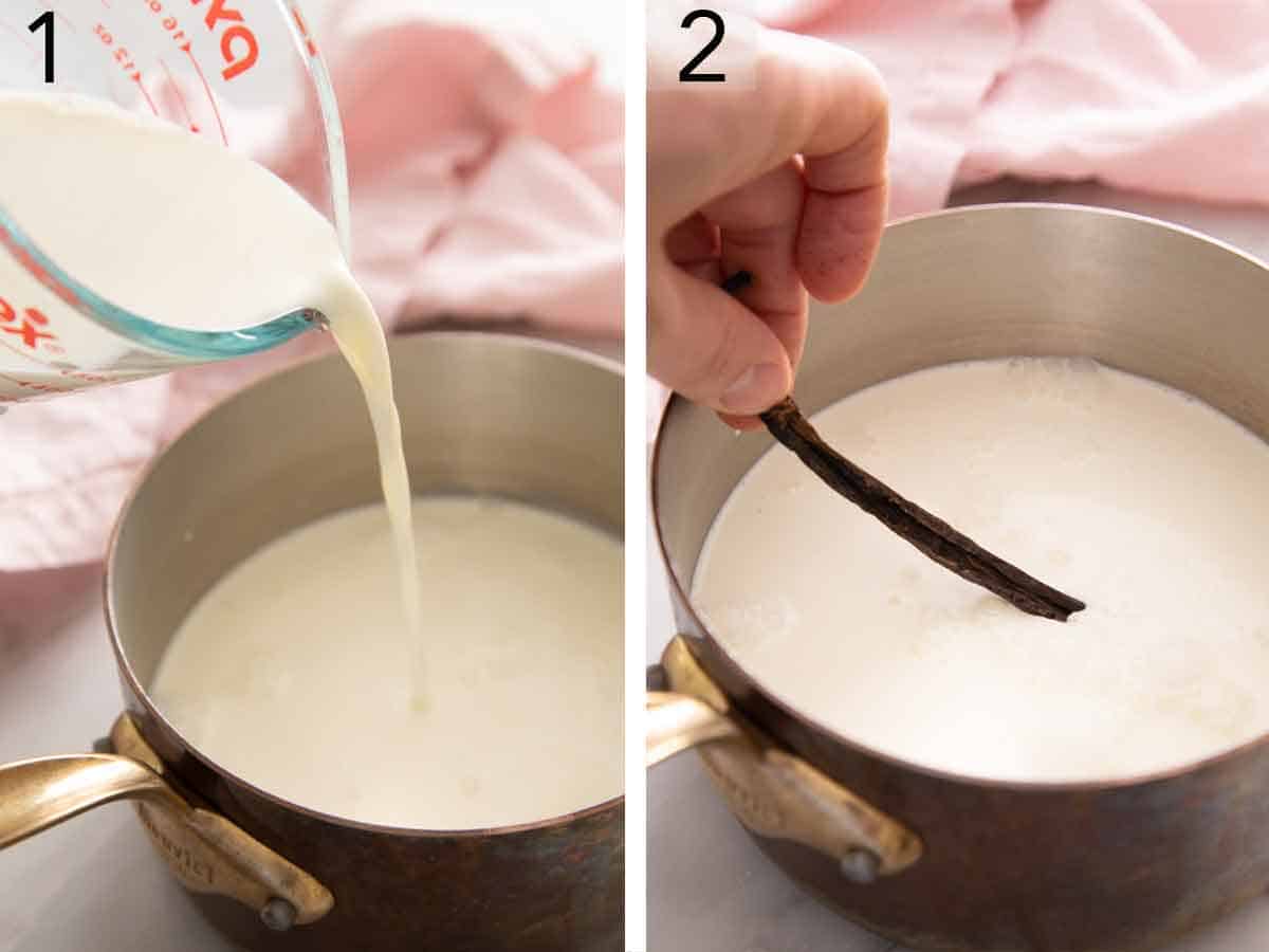 Set of two photos showing cream and vanilla bean added to a saucepot.