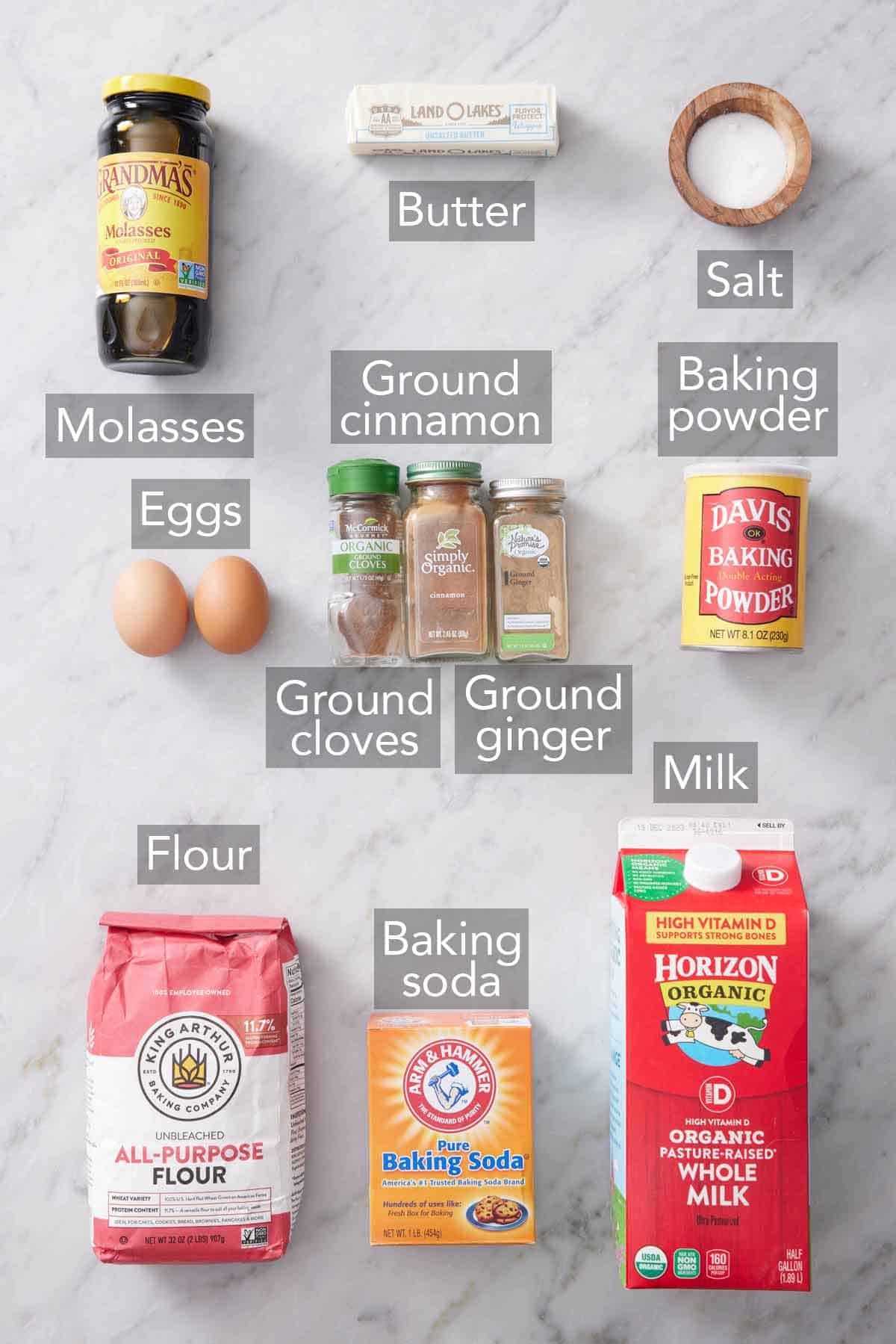 Ingredients needed to make gingerbread pancakes.