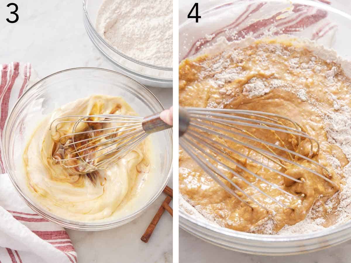 Set of two photos showing wet ingredients whisked then combined with dry ingredients.