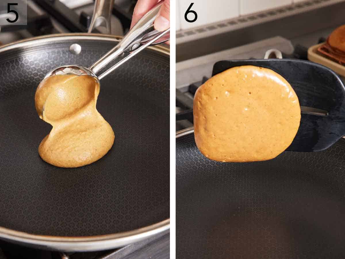 Set of two photos showing batter scooped into a skillet then pancake flipped.