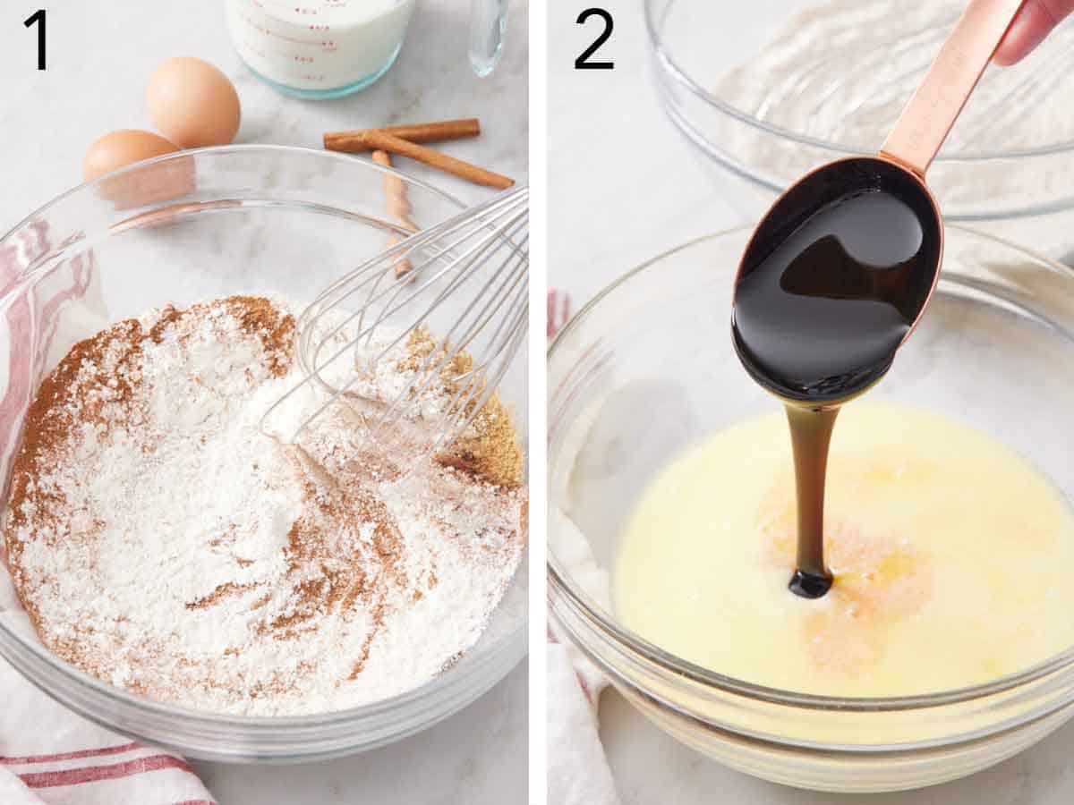 Set of two photos showing dry ingredients whisked and molasses added to a bowl of milk and eggs.
