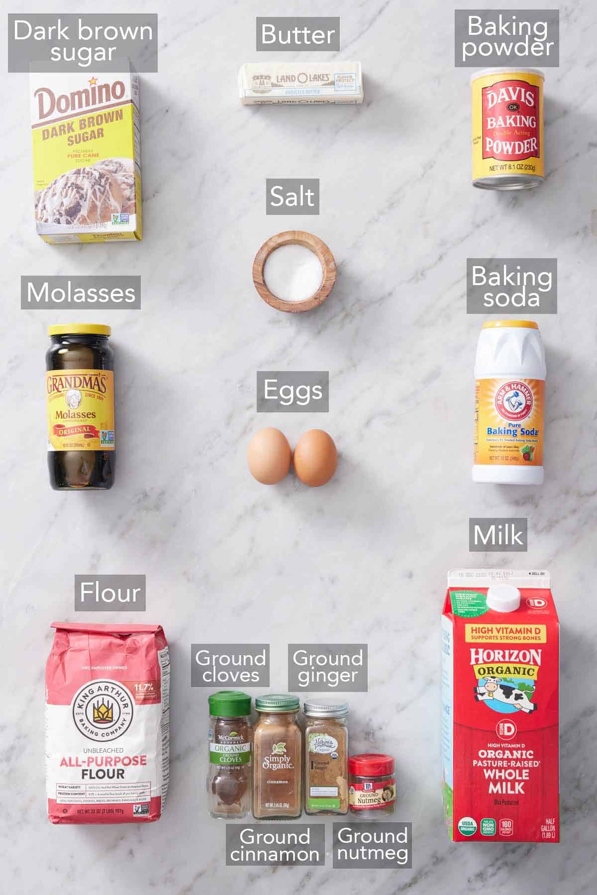 Ingredients needed to make gingerbread waffles.