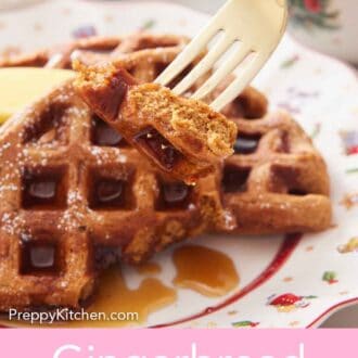 Pinterest graphic of a fork lifting up a bite of gingerbread waffle from a plate.