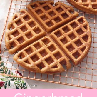 Pinterest graphic of a gingerbread waffle on a cooling rack.