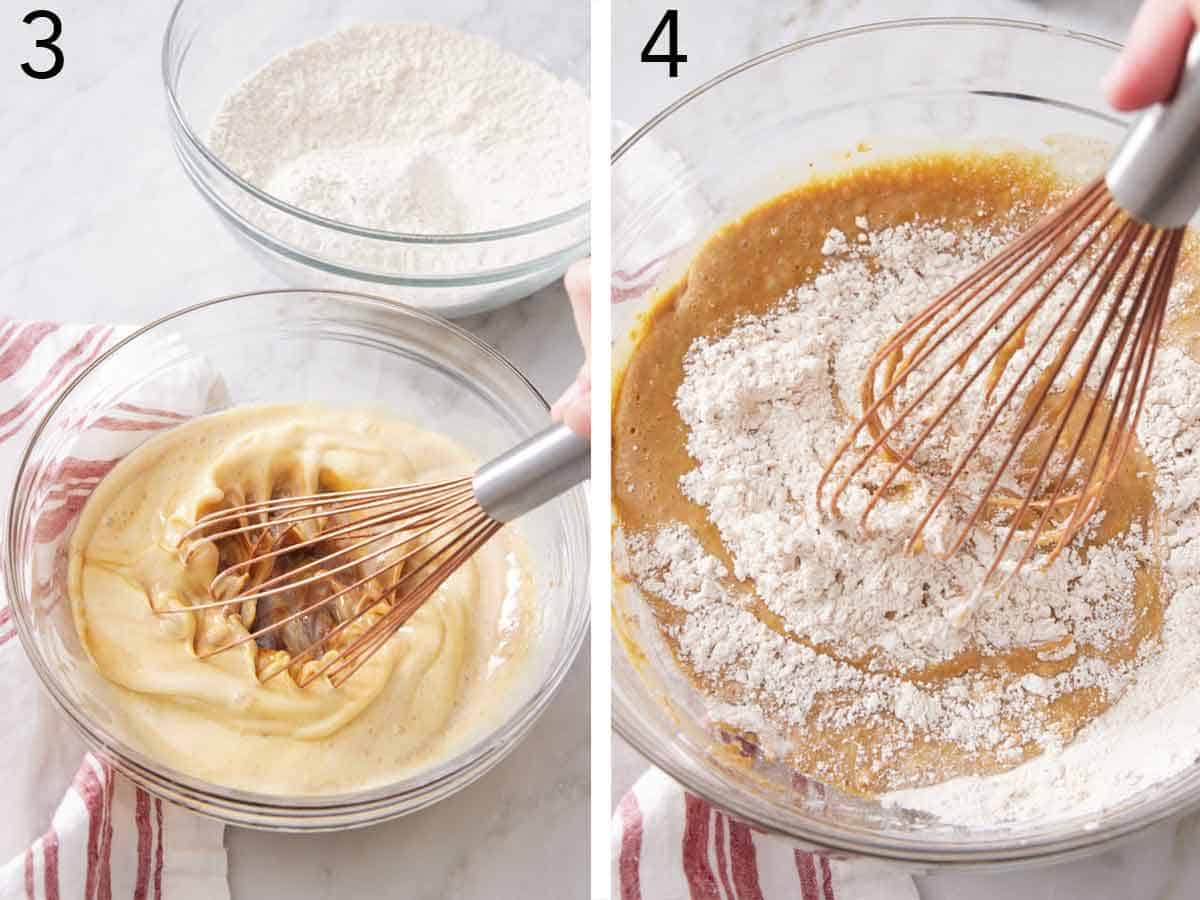 Set of two photos showing wet ingredients whisked together and combined with the dry ingredients.