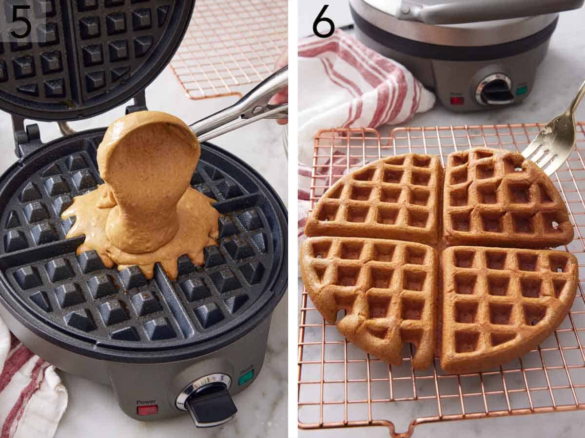Set of two photos showing batter scooped into a waffle maker and then transferred to a wire cooling rack.