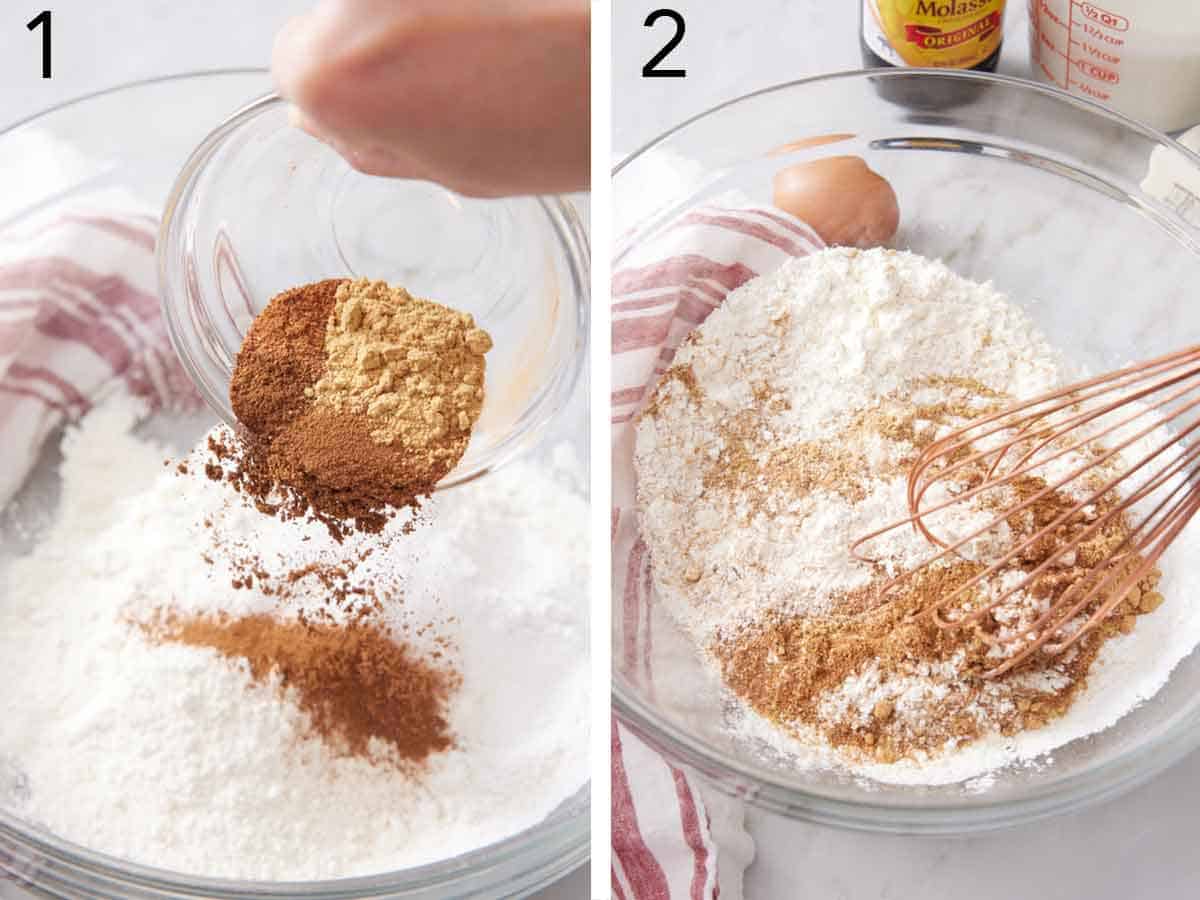 Set of two photos showing spices added to flour in a bowl and whisked together.